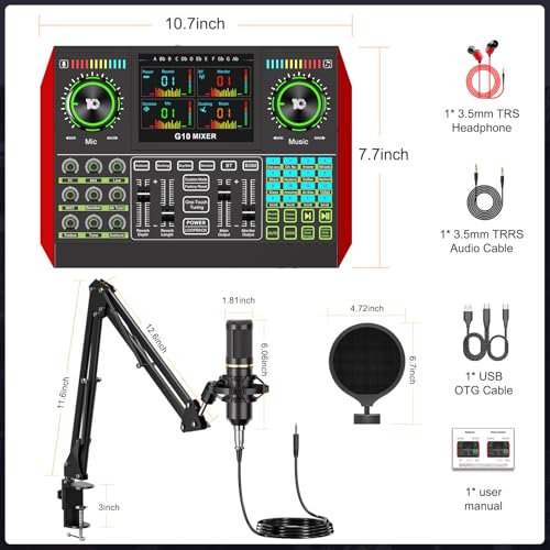 Image of tenlamp Podcast Microphone Bundle with Live Sound Card Audio Mixer, Podcast Equipment Bundle with 3.5mm Boom Mic for Pc /Phone Live Streaming Singing Gaming, Sound Board with Voice Changer, Denoise