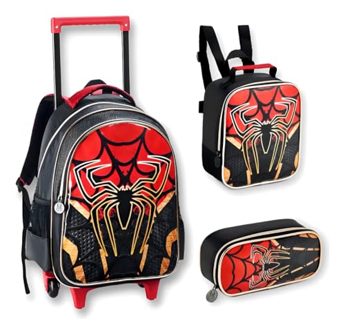 Kit Mochila Escolar Infantil com Rodinhas Spider 3 em 1 para Menino – Mochila + Lancheira Térmica + Estojo – Mochila de Rodinha Infantil Menino Tema Super-Herói (Spider 1)