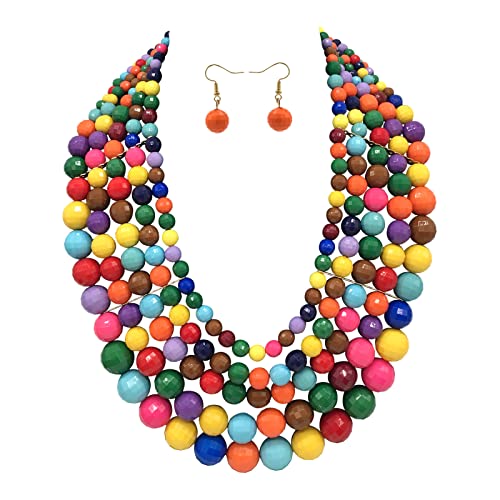5 Layered Beaded Statement Chunky Necklaces For Women - Multi Strand Colorful Bead Layered Bib Necklace For Women Fashion Jewelry Costume Earring Set