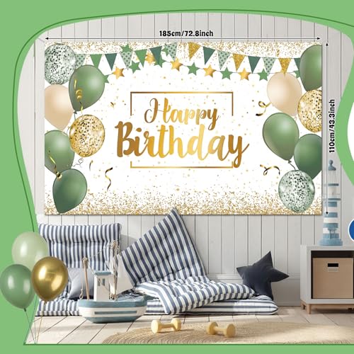 Image of Tatuo Sage Green Birthday Confetti Balloons Kit Set Photography Backdrop Banner Package for Boys Girls Men Women Birthday Party Decorations Supplies Rustic Boho Favors (Green and Gold)