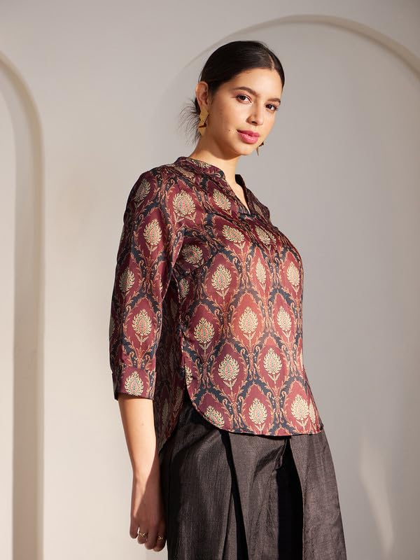 Image of FableStreet Chanderi Indian Motifs Pleated Top - Maroon