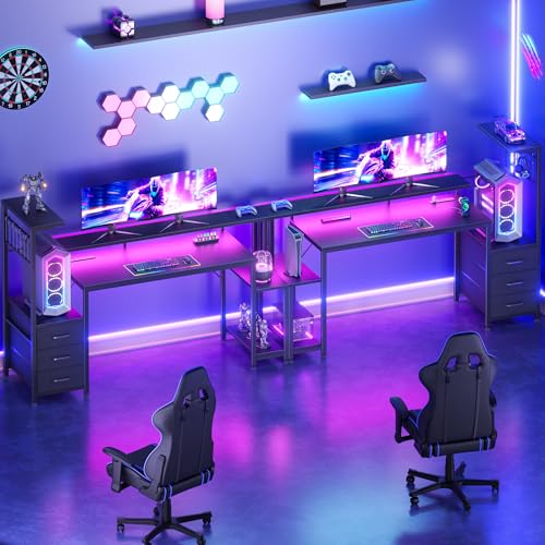 Image of Korfile 55 Inch Gaming Desk with Bluetooth LED Lights & Power Outlets,Computer Desk with Fabric Drawers & Hooks,Reversible Gamer Table with Monitor Stand for Game Room,Home Office,Carbon Fiber Black