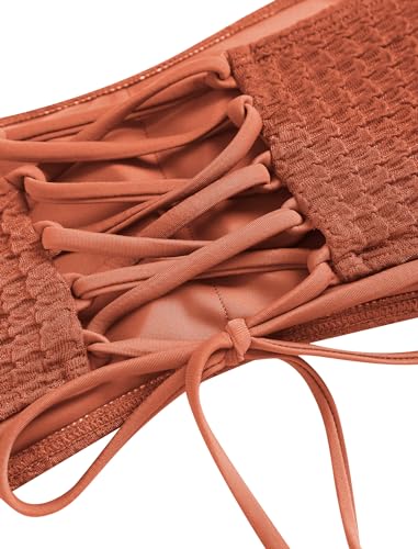 Image of ZAFUL Women's Textured Bandeau Bikini Strapless Solid Color 2 Pieces Bathing Back Lace-up Suit Swimsuit (7-Caramel,S), Small