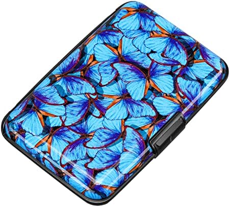 ELFISH RFID Blocking Credit Card Protector Aluminum ID Case Hard Shell Business Card Holders Metal Wallet for Men or Women (Blue Butterfly)