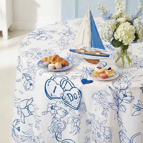 Image of Ganeen 6 Pcs Something Blue Tablecloth I Do Blue Floral Round Tablecloths Bridal Shower Bachelorette Party Decorations Plastic Round Table Covers for Wedding Bridal Shower Home Party Decoration