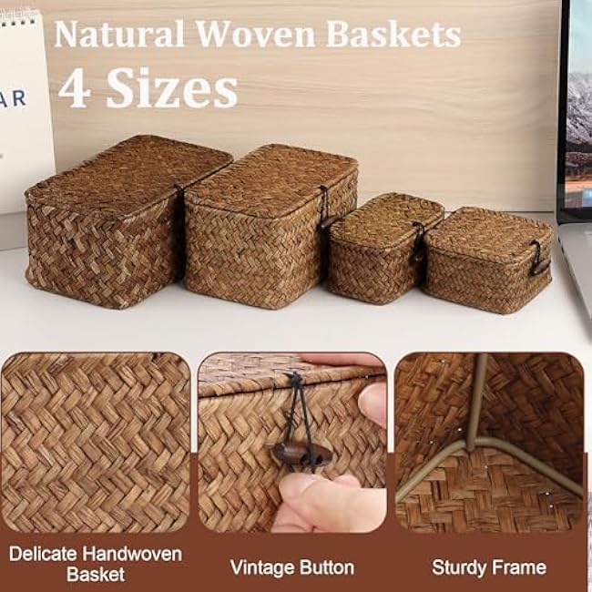 Handwoven Seagrass Basket Wicker Shelf Basket with Lid Rectangular Multipurpose Desktop Organizer Bin for Key Remote Control, Small,7.0 x 4.3 x 3.3