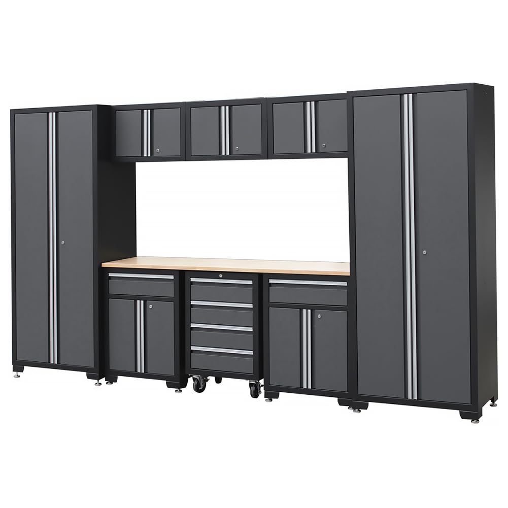 4utoHydra 9-Piece Workshop Cabinet Set in Grey with Workbench - Perfect for Organizing Tools - Included Steel Cabinets Drawers Shelving Rolling Chest - 130"W 18"D 76"H Assembled Garage Shop Cabinets