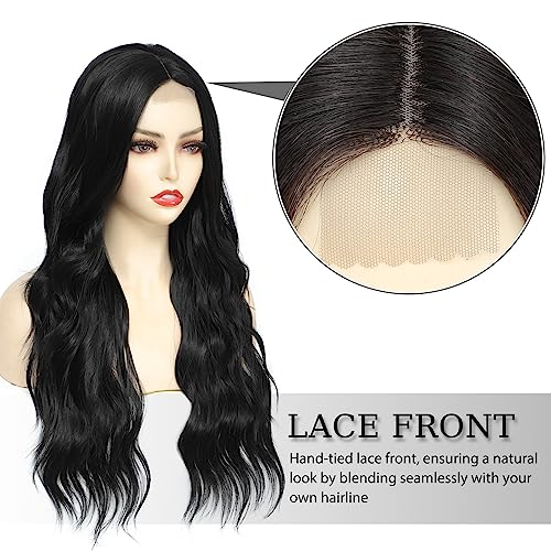 Yamel Hair Wigs Long Black Wig Synthetic Natural Long Hair Wig 26 Inch Adjustable Curly Wavy Middle Part Lace Front Wigs for Women Lady - Image 2