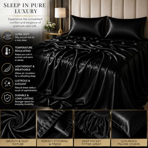 Image of SOFT SOULS Satin Bedsheet with Pillow Covers for Couples, Valentine's Day, Girlfriend, Boyfriend, Husband, Wife, or a Romantic Wedding First Night (Black, King Bedsheet)