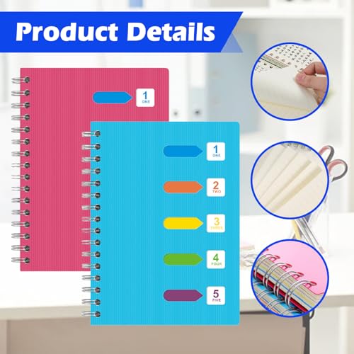 Nizirioo 2 Stück A5 Spiralblock Notizbuch mit Register - Liniertes Ringbuch für Büro, Schule & Universität, 14 x 21 cm, 120 Blatt/240 Seiten