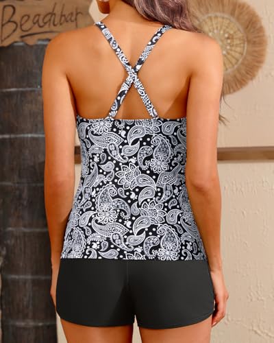 Image of Women Tankini Swimsuits with Shorts - Two Piece Tummy Control Bathing Suits Top with Two Pockets Bottom Swimwear