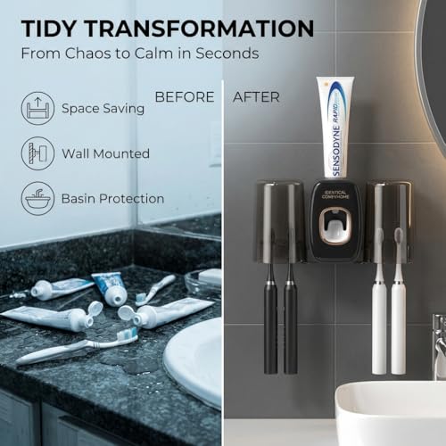 Image of COMFYHOME Tooth Brush Holder Bathroom, Automatic Toothpaste Dispenser, Self Adhesive Brush Stand for Bathroom Wall, Toothbrush Organizer with 2 Mouthwash Cups, 4 Slots Wall Mount Toothbrush Holders