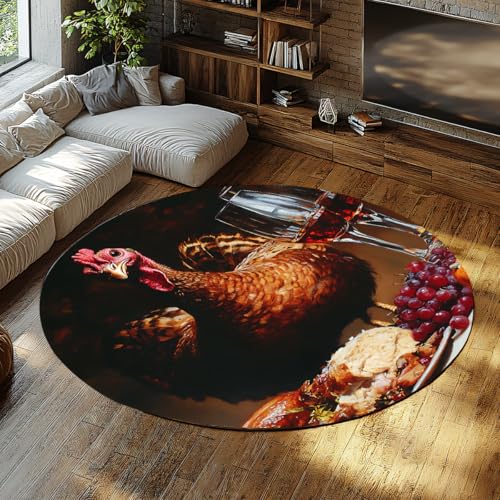UERWOWELL Alfombra Redonda Rústica Acción Gracias 140cm con Patrón Cena Pavo Suave Alfombra Piso Pila Baja para Sala Estar Cocina Portátil Plegable