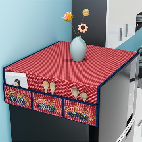Image of Kuber Industries Cotton Fridge Top Cover | Washable & Anti-Dust Refrigerator Top Cover with 6 Utility Pockets for Kitchen | Polka Dot - Red