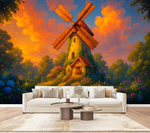 Wall Mural Peel & Stick Magical Windmill Cottage Sunset Landscape Art Flower Gardens amp Self-Adhesive Wallpaper Removable Wall Decal Wall Sticker Home Decor for Living Room Bedroom 100'x144'