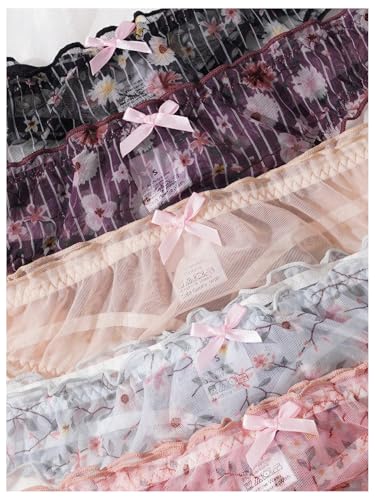 Image of SHENHE Women's 5 Packs Floral Lettuce Trim Bow Low Rise Cute Thong Panties Underwear
