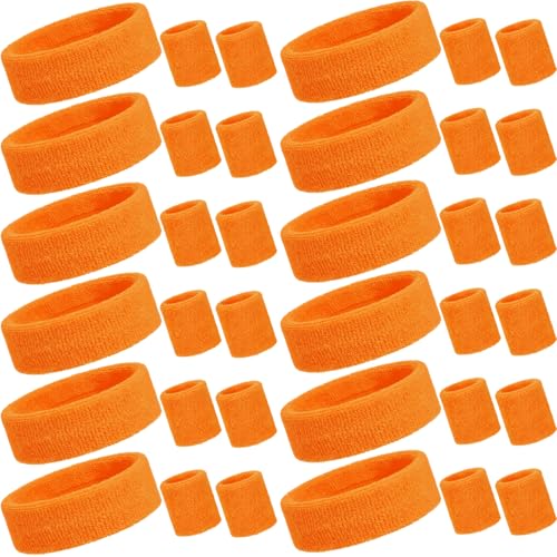 Bememo 36 Pcs Neon Sweatbands Set Soccer Party Favors Cotton Headbands Wristband Sweat Bands Soccer Mom Essentials for Football Fans Sporting Events 80 90s Glow Party(Orange Large)
