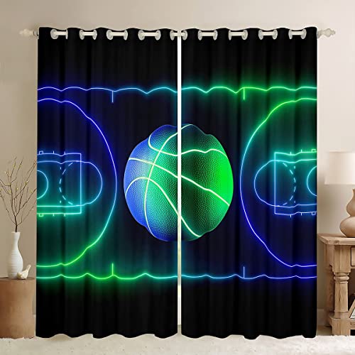 Castle Fairy Basketball Window Curtain,Sports Games Curtains for Kids Teens Boys Men Room Decor,Green Blue Neon Geometric Lines Basketball Court Pattern Window Treatment Curtains,Black,42Wx63L