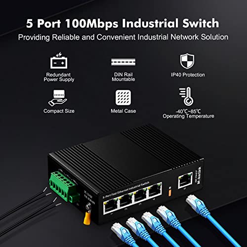 Image of MokerLink 5 Port Industrial DIN-Rail Network Switch, 10 /100Mbps Fast Ethernet, IP40 Rated Network Switch (-40 to 185F), with UL Power Supply