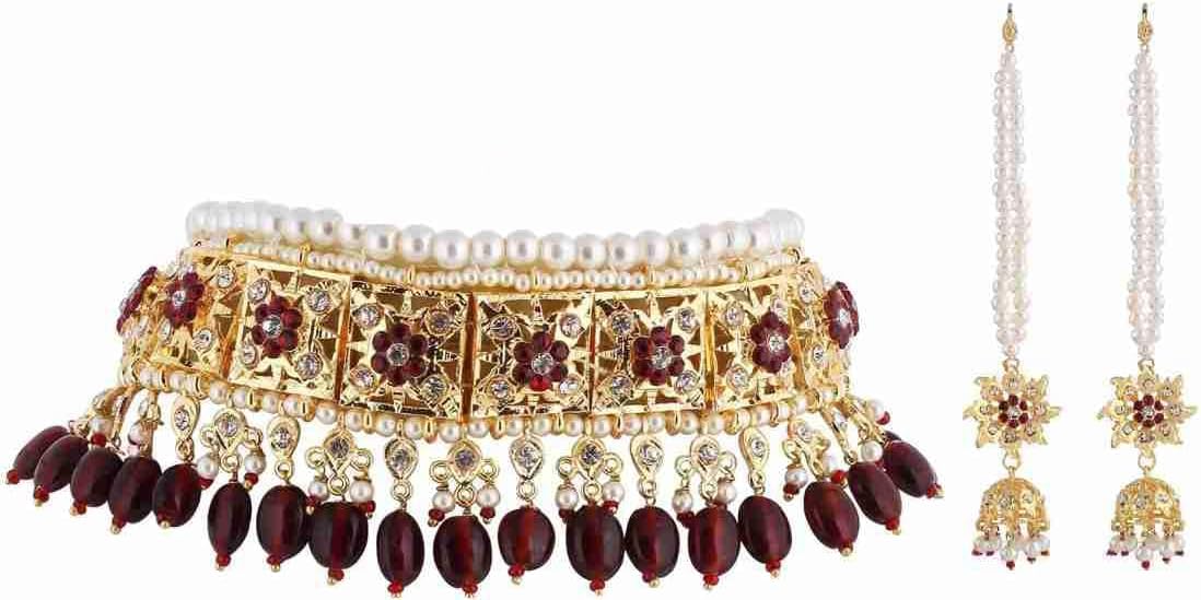 GenericBridal Hyderabadi Red/Green Ruby Satlada Long Princess Necklace with Jhumka Earrings in Cultured Pearls and Simulated Ruby Emerald beads for Womens & Girls