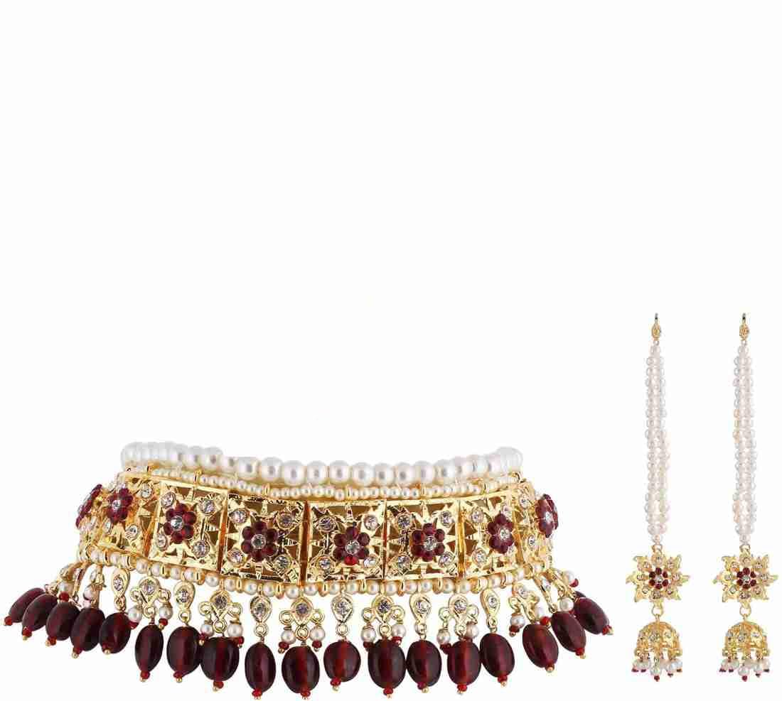 GenericBridal Hyderabadi Red/Green Ruby Satlada Long Princess Necklace with Jhumka Earrings in Cultured Pearls and Simulated Ruby Emerald beads for Womens & Girls