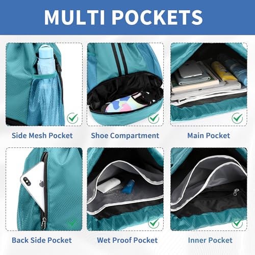 Image of JELUTAR Drawstring Backpack Gym Bag with Shoes Compartment, Teal