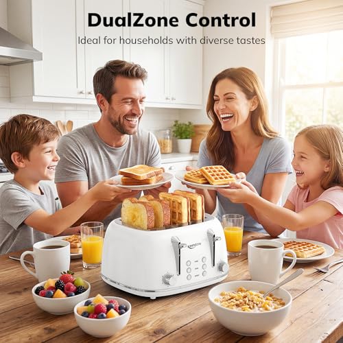 Image of Keenstone Toaster 4 Slice, Retro Stainless Steel Wide Slot Toaster with Dual Independent Controls, 6 Browning Levels, Bagel, Defrost, Reheat & Cancel, Removable Crumb Tray, White