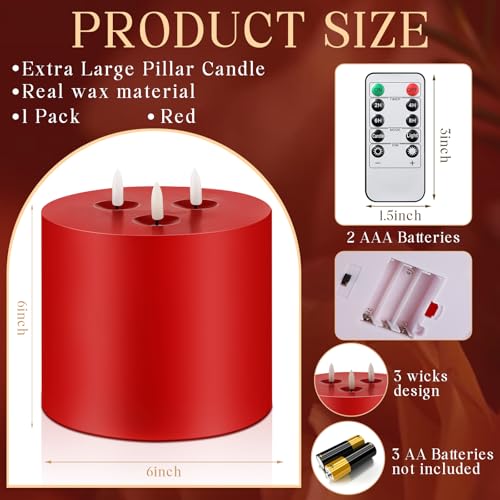 Image of Retisee 1 Pack Red Extra Large Flameless Candles 6 inchx6 inch Remote Control