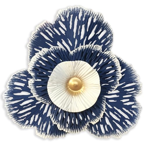 10" Metal Flower Wall Art Decor, Rustic Modern Floral Sculpture, Distressed Iron Wall Hanging Home Decoration Accent Artworks for Indoor Kitchen Bedroom Living Office Outdoor Garden Patio (36D-Blue)