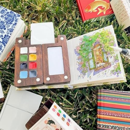 Image of DIANZHU Pocket Artist Watercolor Travel Set, Wooden Paint Palette Travel Kit, Mini Portable Watercolor Palette with Clip for Artists Painters Students (12 Colors 8 Grid Set 3 Brush Pen)