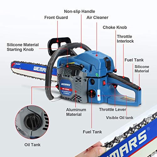 WEMARS 62cc Gas Chainsaw 20 Inch Power Chain Saws 2 Stroke Handed Petrol Chainsaws Gasoline Chain Saw Garden Tool for Cutting Wood Outdoor Home Farm Use