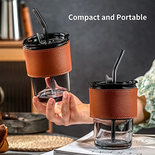 Glass Tumbler With Silicone Straw and Lid 435ml, Cup With Leather Sleeve, Coffee Mug for Straw and Direct Drinking, Summer Travel Essential Bottle (Multicolor)