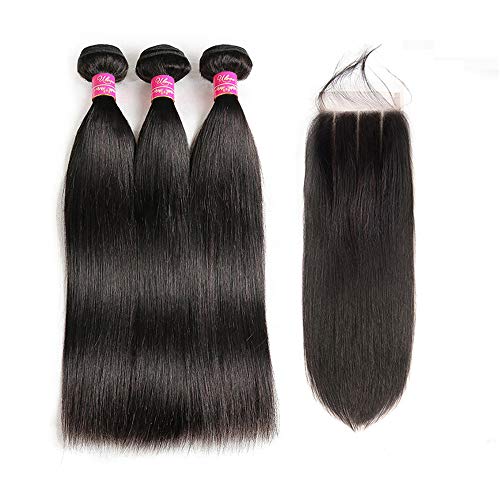 Brazilian Virgin Hair Straight 3 Bundles with Closure Natural Black 8A 100% Unprocessed Brazilian Straight Human Hair Weft with Lace Closure (12 14 16+10", Three Part)