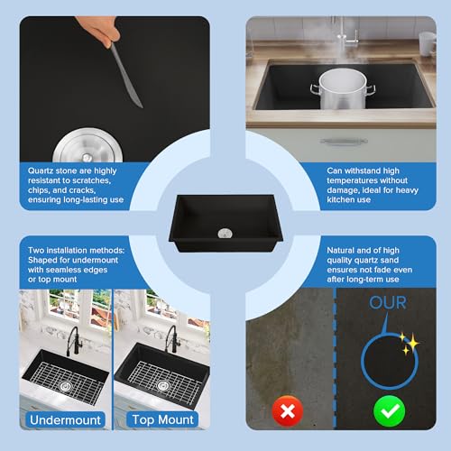 Rhbamoa 28 Inch Black Composite Kitchen Sink,Matte Black Undermount Granite Kitchen Sinks Single Bowl,9 Inch Depth Quartz Sink with Accessories by Rhbamoa - Used condition - Image 3