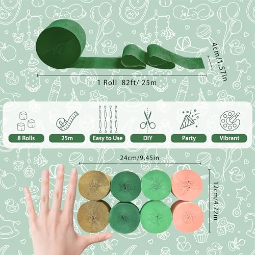 Image of 8 Rolls Crepe Paper Streamers, Green, Gold and Peach Pink Streamers Party Decorations for Wedding Bridal Shower Baby Shower Birthday Christmas Party