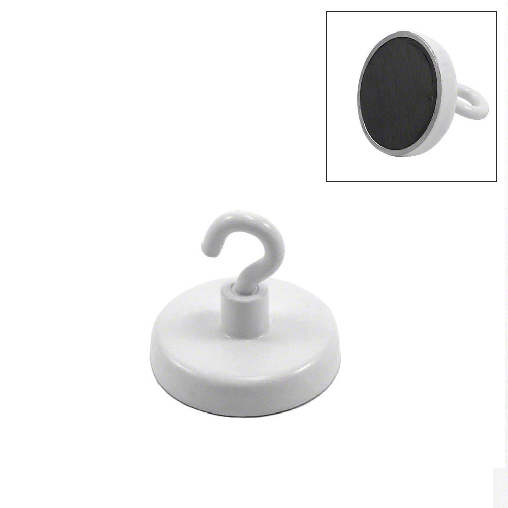 Ferrite White Painted Clamping Magnet with M4 Hook for Hanging, Holding or Displaying Items - 32mm Dia - 7.3kg Pull