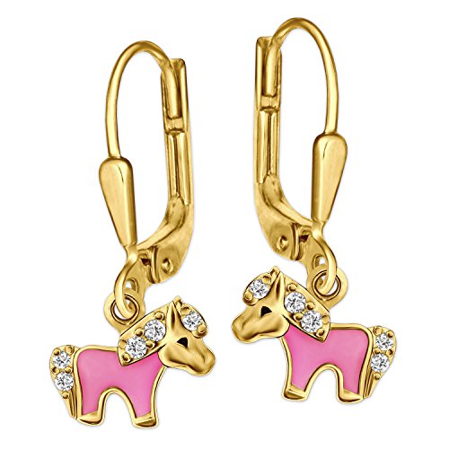 Clever Schmuck Dorati - Pendientes de My Little Pony, parte rosa lacada con muchas circonitas de plata 925, chapados en oro
