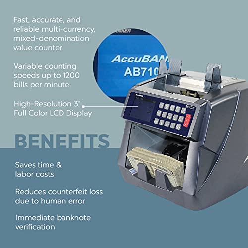 Image of AccuBANKER AB7100 Mixed Bill Value Counter, Bank Grade Mixed Denomination Cash Money Counter Machine, 5-Point Counterfeit Detector, Count Add, Holds 500 Bills Count 1200 Bills /Min