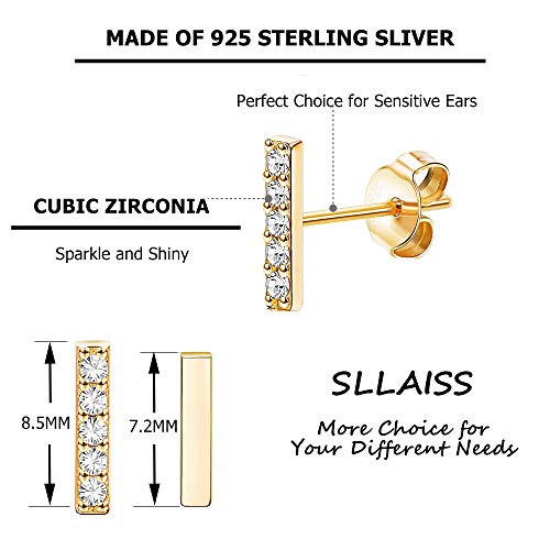 Sllaiss Sterling Silver & Gold Plated CZ Bar Earrings Set - Tiny Studs & Huggie Cartilage2