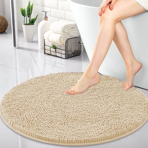 OLANLY 24-inch Round Bathroom Rugs, Extra Soft Chenille Bath Rugs, Beige