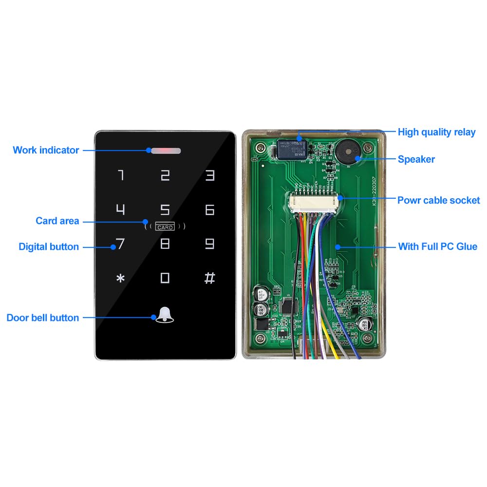 Kit de système de contrôle d'accès NFC RFID, lecteur de clavier tactile double fréquence (125 kHz/13,56 MHz), alimentation DC 12 V 3 A, bouton de sortie et 15 déverrouillages de porte-clés