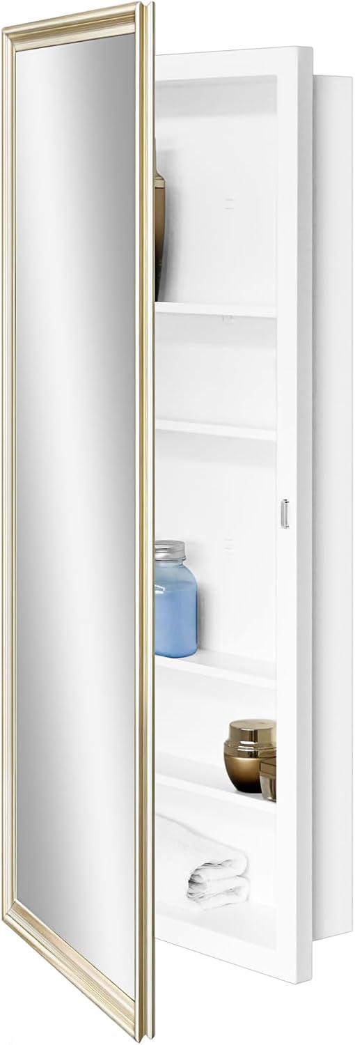 Botiquín de pared blanco con espejo biselado dorado 16x36 miniatura 1