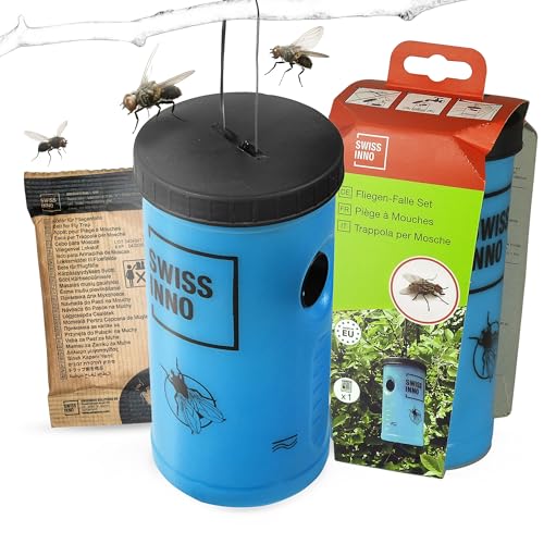SWISSINNO Fliegenfalle für Aussen - inkl. Lebensmittel-Köder - Wiederverwendbare Falle mit Lockstoff, zur Reduktion von Fliegen rund um Haus, Garten und Terrasse - 1 Falle