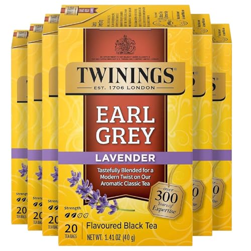 Twinings Earl Grey Lavender Black Tea Individually Wrapped Bags, 20 Count (Pack of 6), Citrus, Bergamot &amp; Floral, Caffeinated, Enjoy Hot or Iced, 120 Teabags