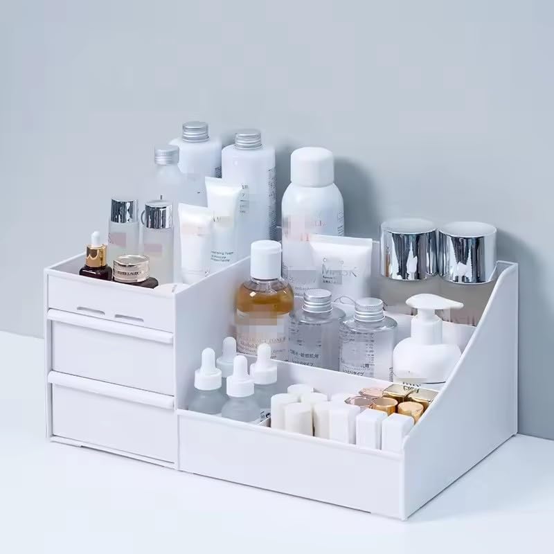 Makeup Organiser, Offices Desktop Multi-function Organizer, Cosmetic Storage Box with Drawers, for Dresser, Bedroom, Bathroom, White 28.5x17.5x12.5cm