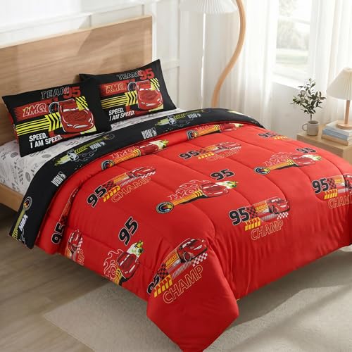 Northwest Disney Pixar Cars Full Size Comforter Set 5 Piece Reversible Lightning McQueen Design Ultra Soft Fade Resistant Microfiber Kids Bedding Set Officially Licensed