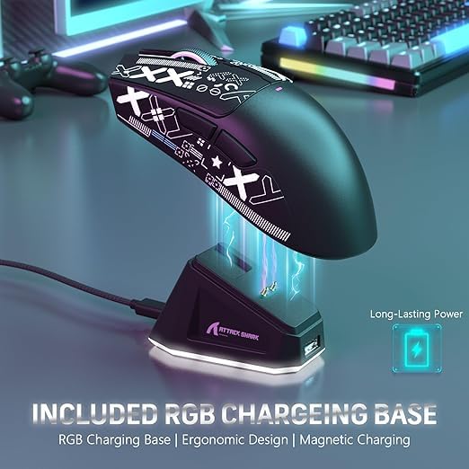 Image of Attack Shark X11 Wireless Gaming Mouse with Grip Tape, PAW3311 Sensor, 22000 DPI, Tri-Mode Connectivity, RGB Lighting, and Magnetic Fast Charging Dock (Black with Grip Tape)