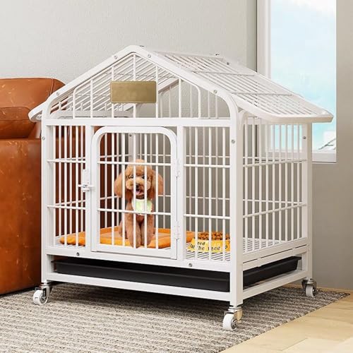 頑丈なワイヤー製ドッグクレート、移動式屋内犬小屋(トレー付き)、スクエアチューブフレーム、大型・中型・小型犬用ヴィラ型犬小屋(White,Medium)