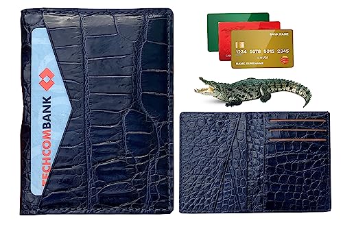 Navy Blue Alligator Credit Card Holder Minimalist Bifold Wallet Crocodile Double Side Exotic Leather Slim Executive Business Luxury RFID Blocking Travel ID Case Front Pocket Gift For Men