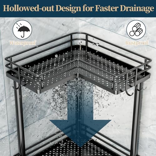 Image of Consumest Corner Shower Caddy Standing - 4-Tier Stainless Steel Shower Organizer with Soap Holder and 4 Hooks, Large Capacity Corner Shelf Stand for Bathroom, Rest Room, Black